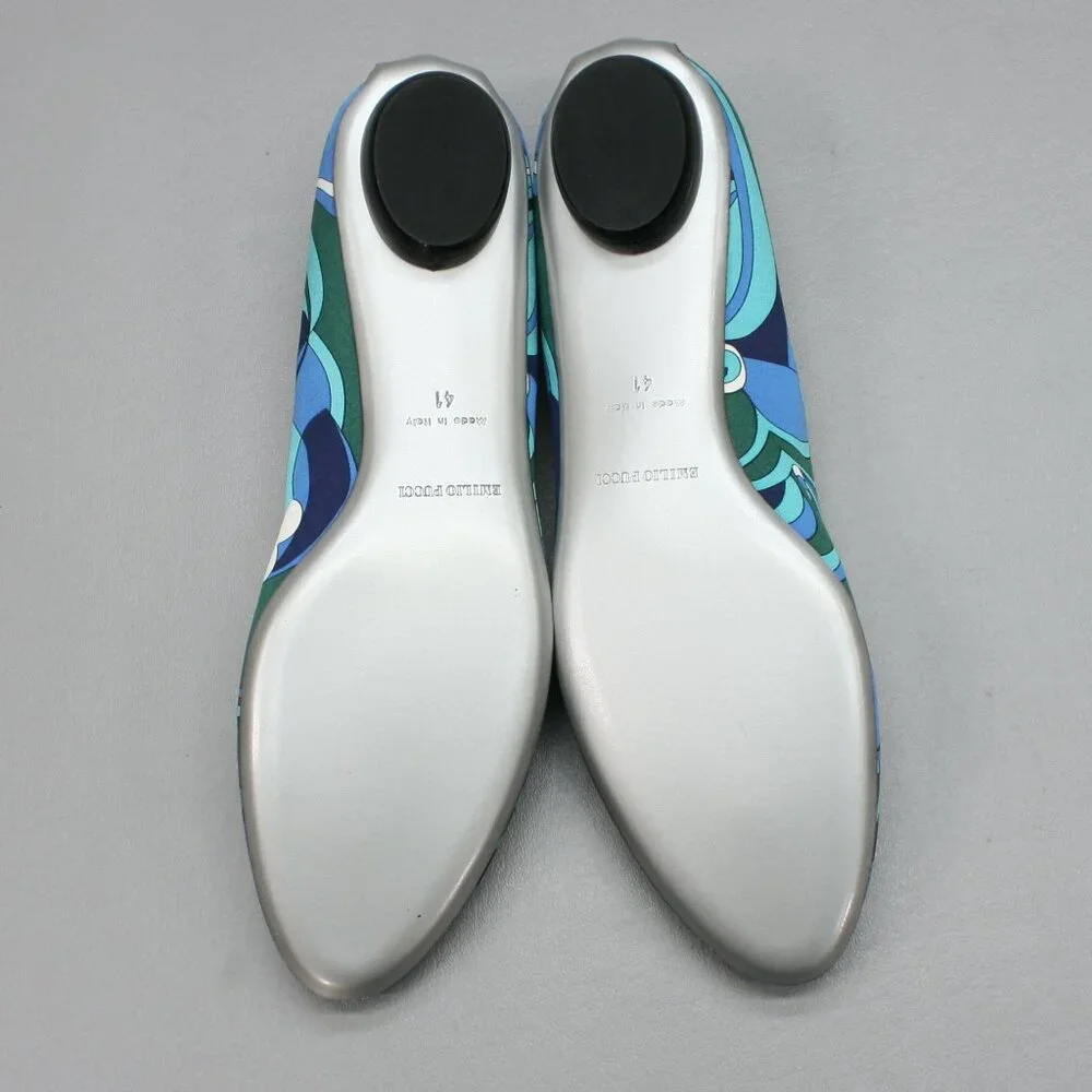 Emilio Pucci 41 Ladies 10.5-11 Blue Teal Silk Ballet Flats Low Heels Shoes Italy - Picture 8 of 12